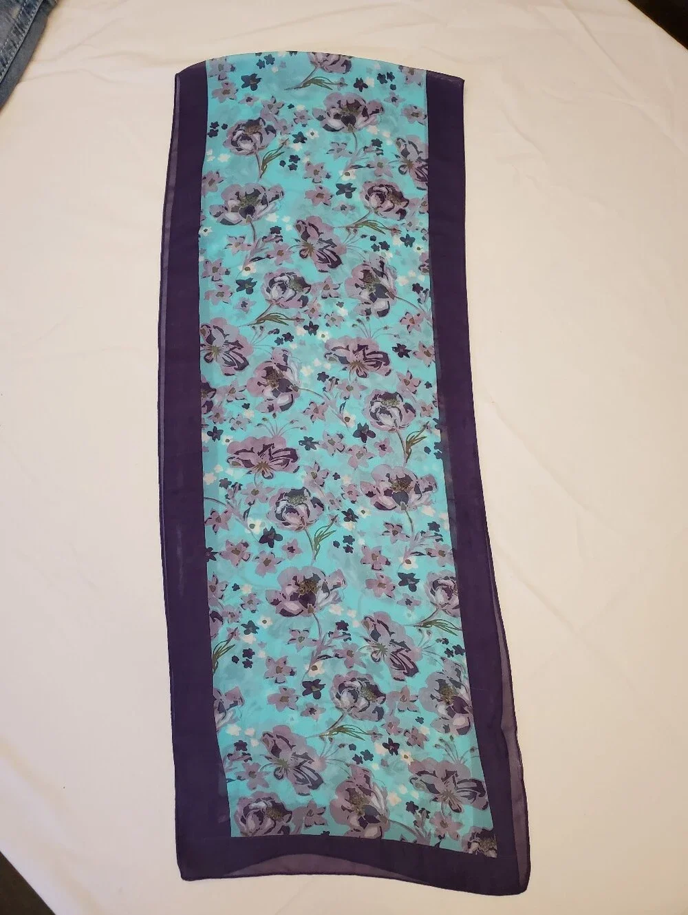 Vintage Teal Purple Floral Chiffon Long Scarf Sheer Border Boho 64x16